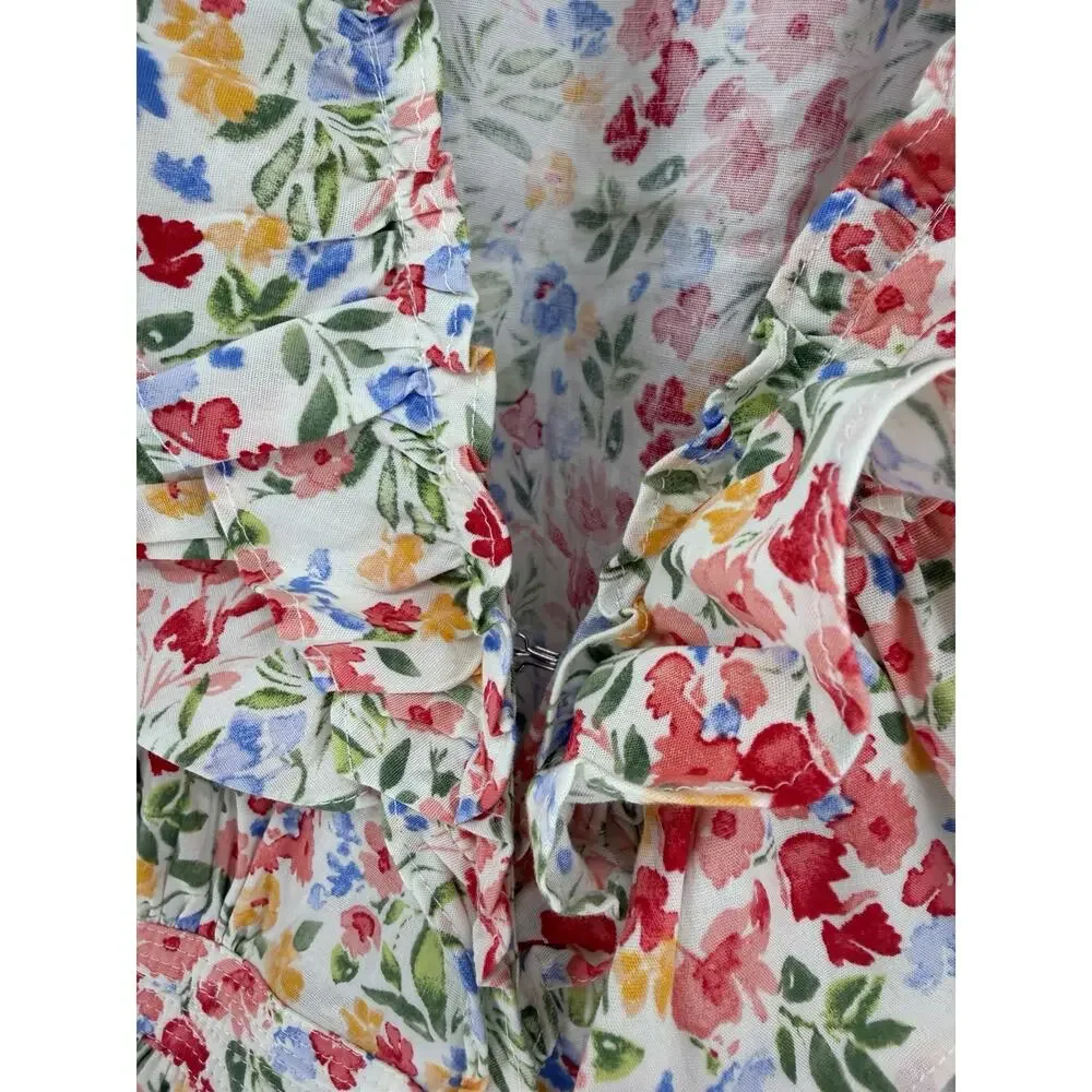 RESET Floral Print Mini Wrap Dress Womens Large White Puff Sleeve Lined - Picture 5 of 13